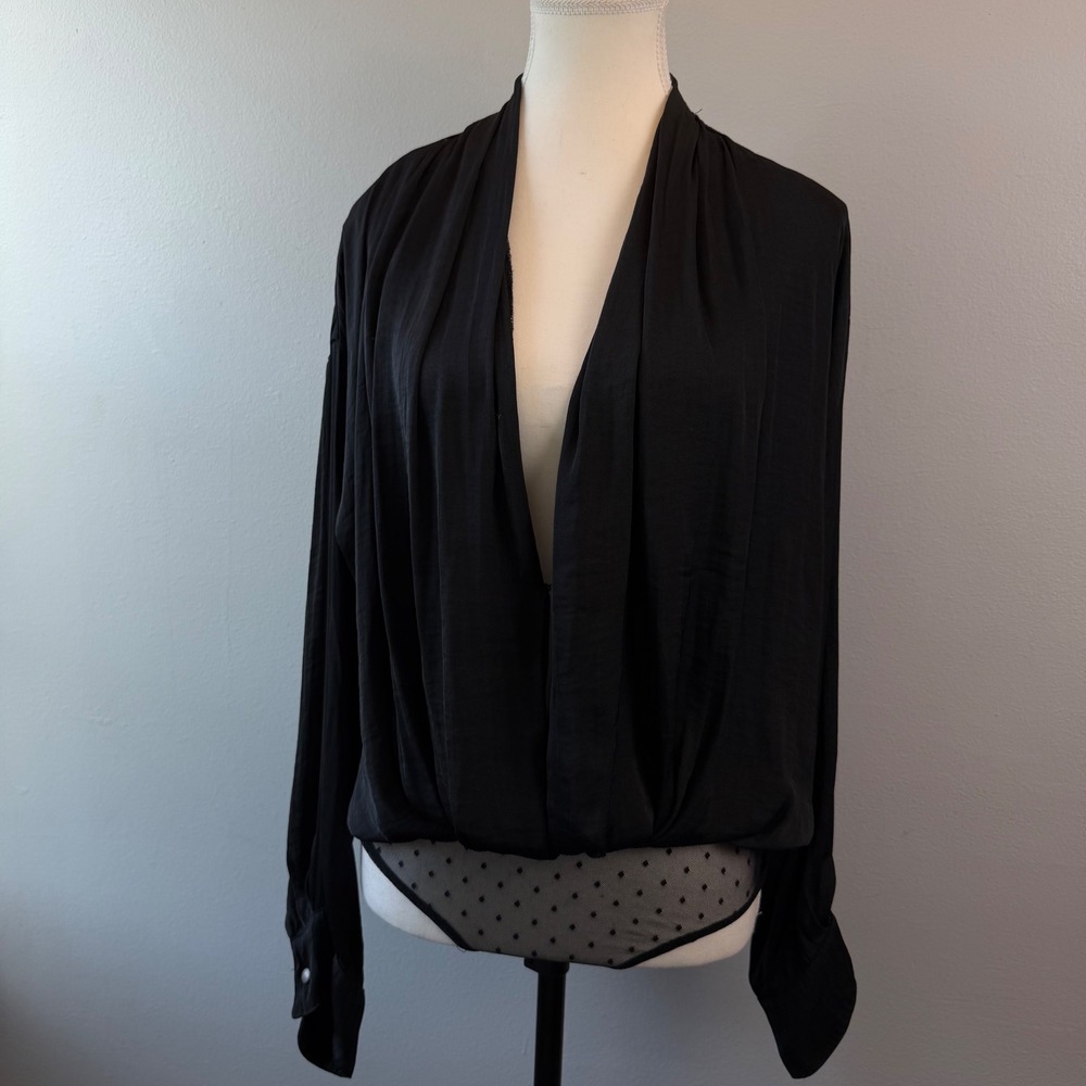 Intimately Free People Black Draped V-Neck Mesh Polka‎ Dot Bodysuit Large